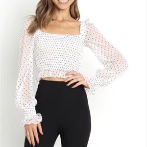 Petal & Pup White Black Polka Dot Long Sheer Sleeve Cropped Polka Dot Blouse XS